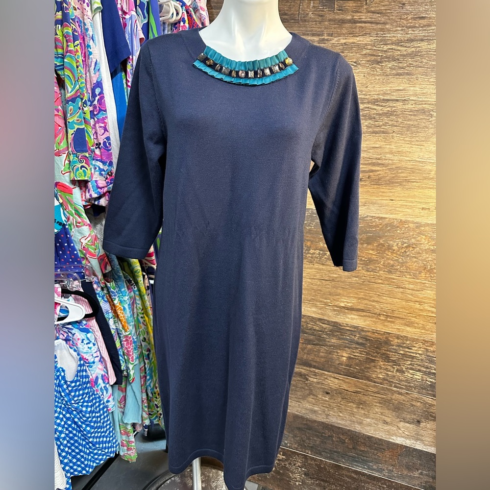 Boden Navy Blue Embellished Neckline Sheath Dress Size 14